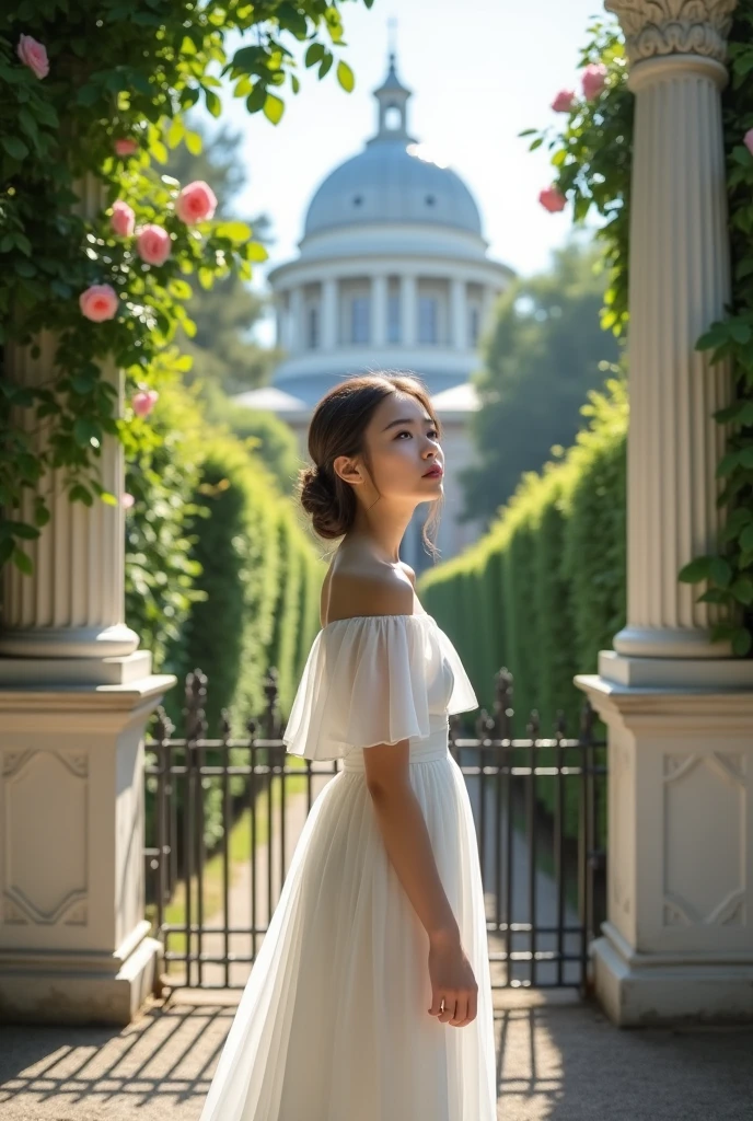 A classic white dome with two intricately designed columns. Between the two pillars is a chest-high iron fence.. On the other side of the fence are lush trees with velvet roses peeking out.. Girl with a white, flowing wedding dress, off shoulder sleep dream carry on body and fence, tilted her head up and put her hands on the fence. She has deep eyes, slightly pouting face. Five senses in harmony, silky hair tied back in a low bun. Soft sunlight covers the scene