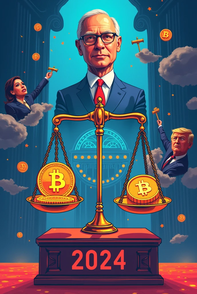 Digital illustration of cryptocurrency regulation debate. Central large scale balancing Bitcoin and crypto symbols against law books and gavel. Gary Gensler's portrait floating above, Treasury building and SEC logo in background. '2024' ballot box below with small portraits of Kamala Harris and Donald Trump. Style: Political cartoon, semi-realistic. Colors: Shades of blue and red, gold for Bitcoin. Focus on balance and conflict between crypto and regulation.