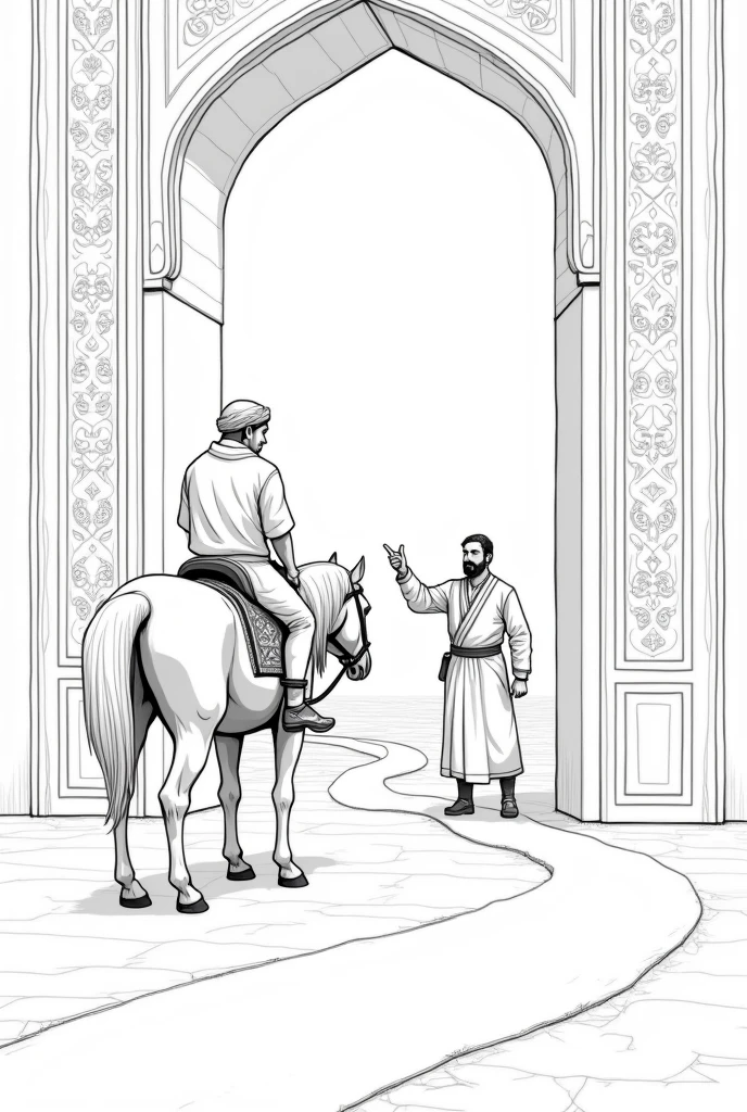 sketch drawn in line art style. Uzbek oriental image. in front of the gate, Ravshan is riding a horse, and his father Hasan Khan is standing in front of him, wishing for a white road. Ravshan is 20 years old, Hasan Khan is 40 years old. Sketch is drawn in contour lines for the book. historical image.