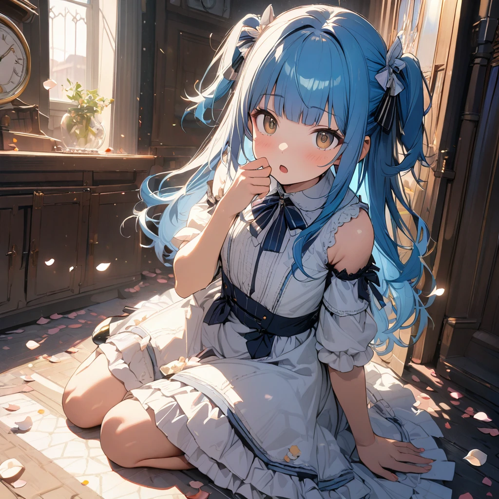 1 idol,solo,16yo,ultra-detailed face,detailed eyes,brown eyes,blunt bangs,blue hair,two side up,Glass hair accessory,wariza,White Victorian dress,Patent high heels,looking at viewer,sleepy,yawning,hand over own mouth,parted lips,rim light,out doorsfragrant olive tree,(petals:1.3),Clock tower,highly detailed illustration,masterpiece,8K,top quality