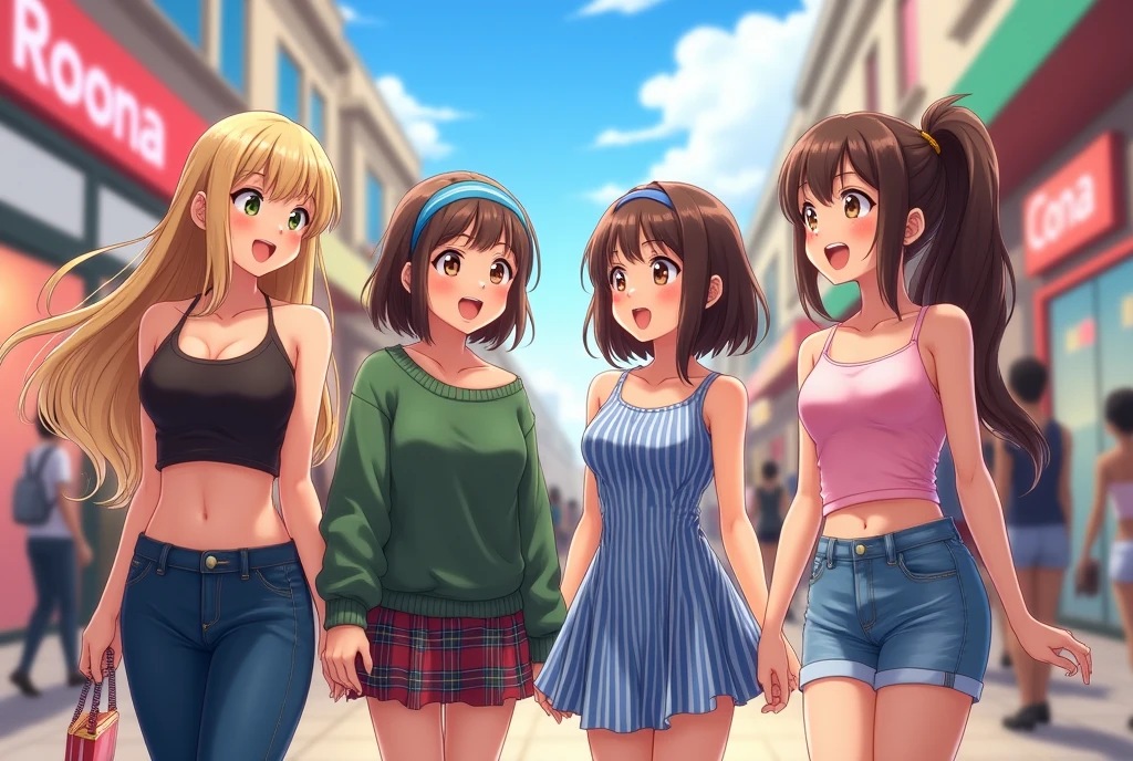 a group of anime girls shopping at a mall
1. the first girl is wearing a small red tube top that exposes her midriff and is almost slipping and jeans with long blonde hair.
2. the second girl has short brown hair and wearing baggy green sweater with a black t-shirt underneath and a plaid miniskirt.
3. the third girl has long black hair wearing a tight sleeveless blue and white horizontal striped dress with straps and blue hairband.
4. the fourth girl has a sun kissed complexion and brown ponytail hair with pink crop tank top that exposes her midriff with noodle straps along with shorts, she fixes her hair with her hands and shows both her armpits.
they're all chatting to each other.