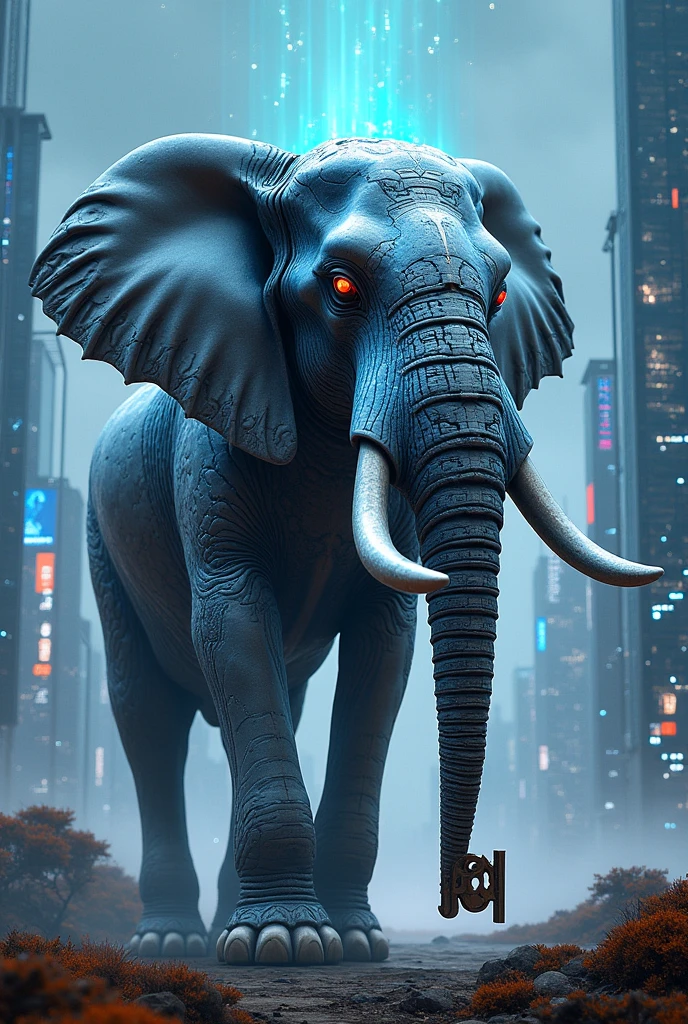 A standing cyber elephant with a key on its trunk with a cyber background full size image for mobile