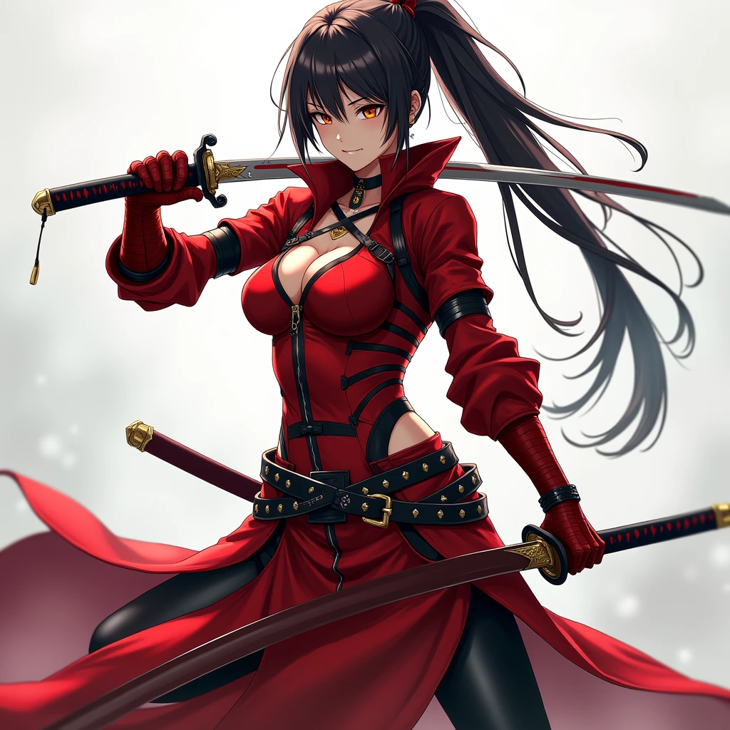 a woman with two sword, Katana Zero video game character, female protagonist Official character illustrations, red female assassin, dramatic katana pose, Knights, female anime character, katanas strapped to her back, 2b, 2b, unsheathing her katana, Female action anime girl, none background