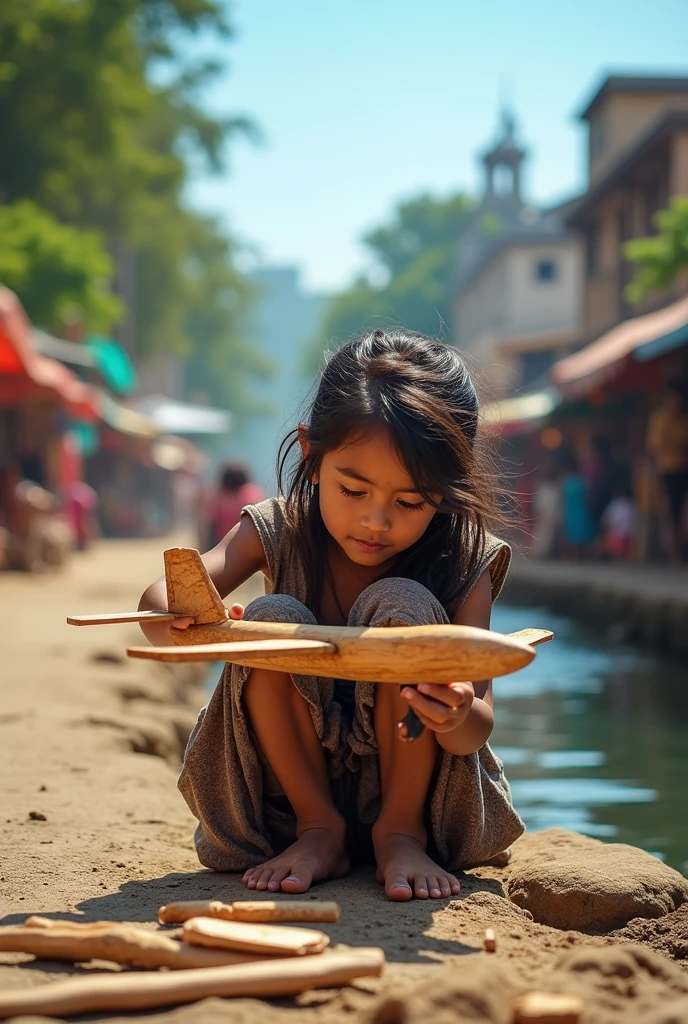 A poor girl is sitting on the road next to a river on the streets of India She is sitting on the road making a big aeroplane out of wood with make her own hands.
