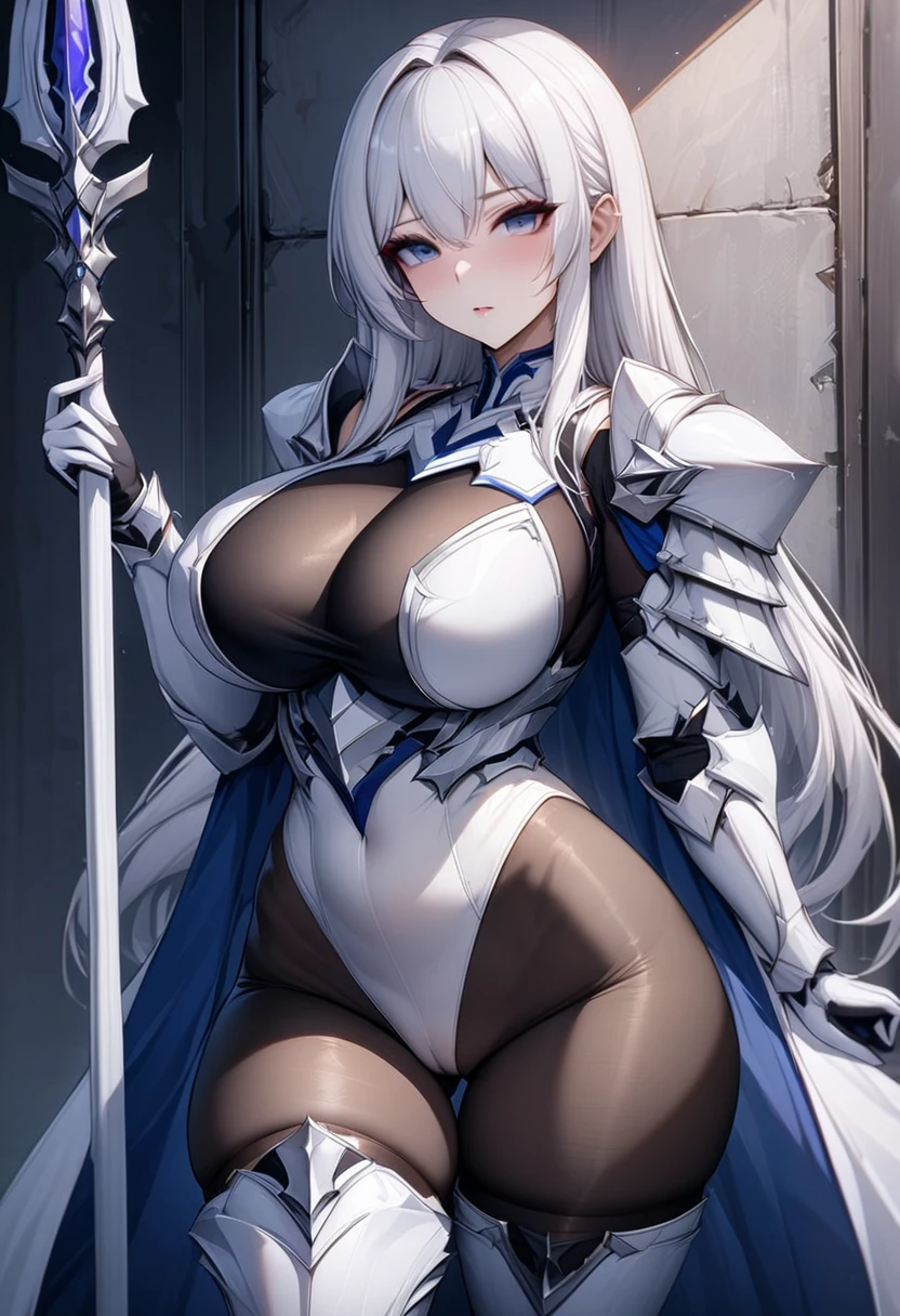 ((highest quality)), ((masterpiece)), ((hyperrealistic)), Transparent feeling, (solo), 1girl, Neat, ((curvy)), ((skindantation: 1.2)), perfect face, ((Azur Lane)), ((white armored dress: 1.3)), ((white paladin armor: 1.3)), ((skin-tight leotard: 1.4)), ((white knight armor breastplate)), ((skin-tight black Investigator Bodystocking)), ((pauldron)), (white long gauntlet gloves), ((silver long straight hair)), ((Compressed soft large breasts)), (tight black pantyhose thighs), ((tight thigh boots)), ((see through cleavage cutout)), (ultra high leg cut: 1.2), zettairyouiki, Perfect and beautiful dark blue eyes, Perfect hands, perfect fingers, (makeup: 0.8), (cameltoe: 0.8), cowboy shot, holding a spear in hand, Leaning against a wall