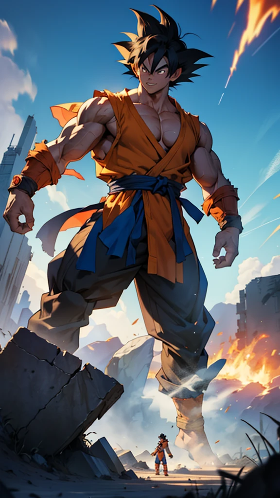 Goku standing in a battle stance, muscles tense, with a confident smirk on his face. His opponent, a towering figure, stands across from him, but Goku shows no fear. The setting is a destroyed battlefield, with smoke rising and the ground cracked from previous clashes.