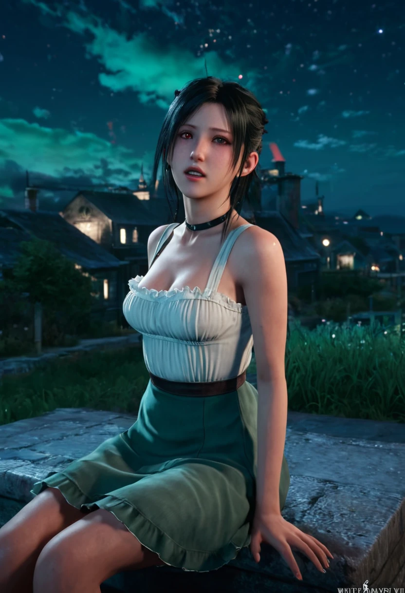tifa lockhart, mksks style, (very detailed background:1.0), (highly detailed background:1.0), final fantasy vii remake, (red eyes), 1girl, bare shoulders, aqua dress, black hair, green dress, sleeveless dress , sundress, house, long hair, night, night sky, open mouth, outdoors, ponytail, sitting, sky, sleeveless, sleeveless dress, star (sky), starry sky, town, aged down, small breasts, ((white frills)), (white dress), 