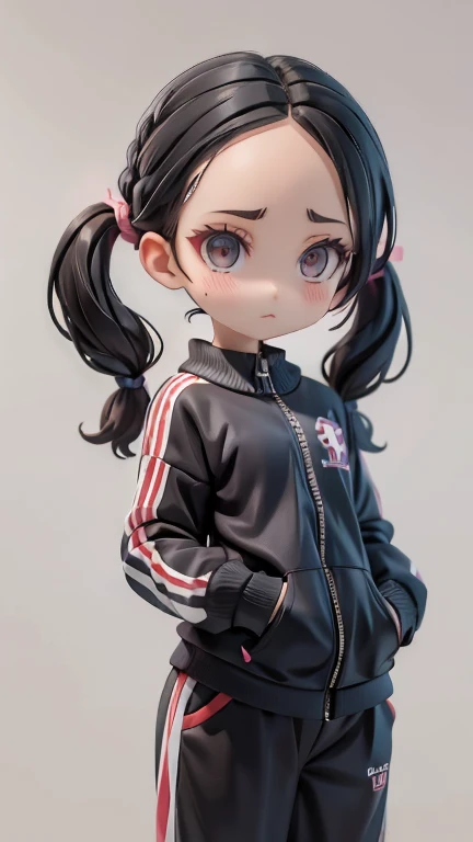 Girl、Primary school students、small、sharp、Black Hair,、Pigtails、Braid、The forehead is visible、Forehead、Jersey、Tracksuits、Clothing patterns、Clothing Design、The front is open、whole body、
