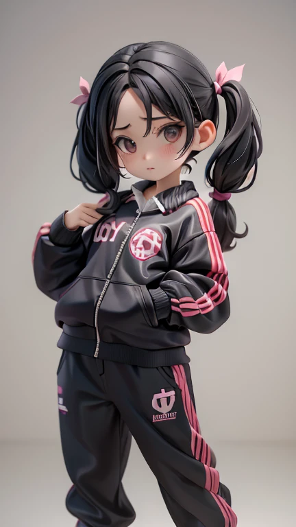 Girl、Primary school students、small、sharp、Black Hair,、Pigtails、Braid、The forehead is visible、Forehead、Jersey、Tracksuits、Clothing patterns、Clothing Design、The front is open、whole body、
