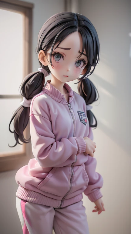 Girl、Primary school students、small、sharp、Black Hair,、Pigtails、Braid、The forehead is visible、Forehead、Jersey、Tracksuits、Clothing patterns、Clothing Design、The front is open、whole body、
