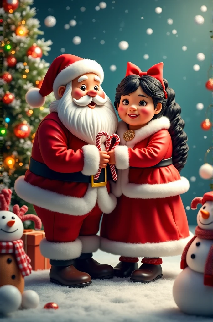 Santa Claus with his chubby wife black hair candy canes snowman snowflakes Christmas tree 