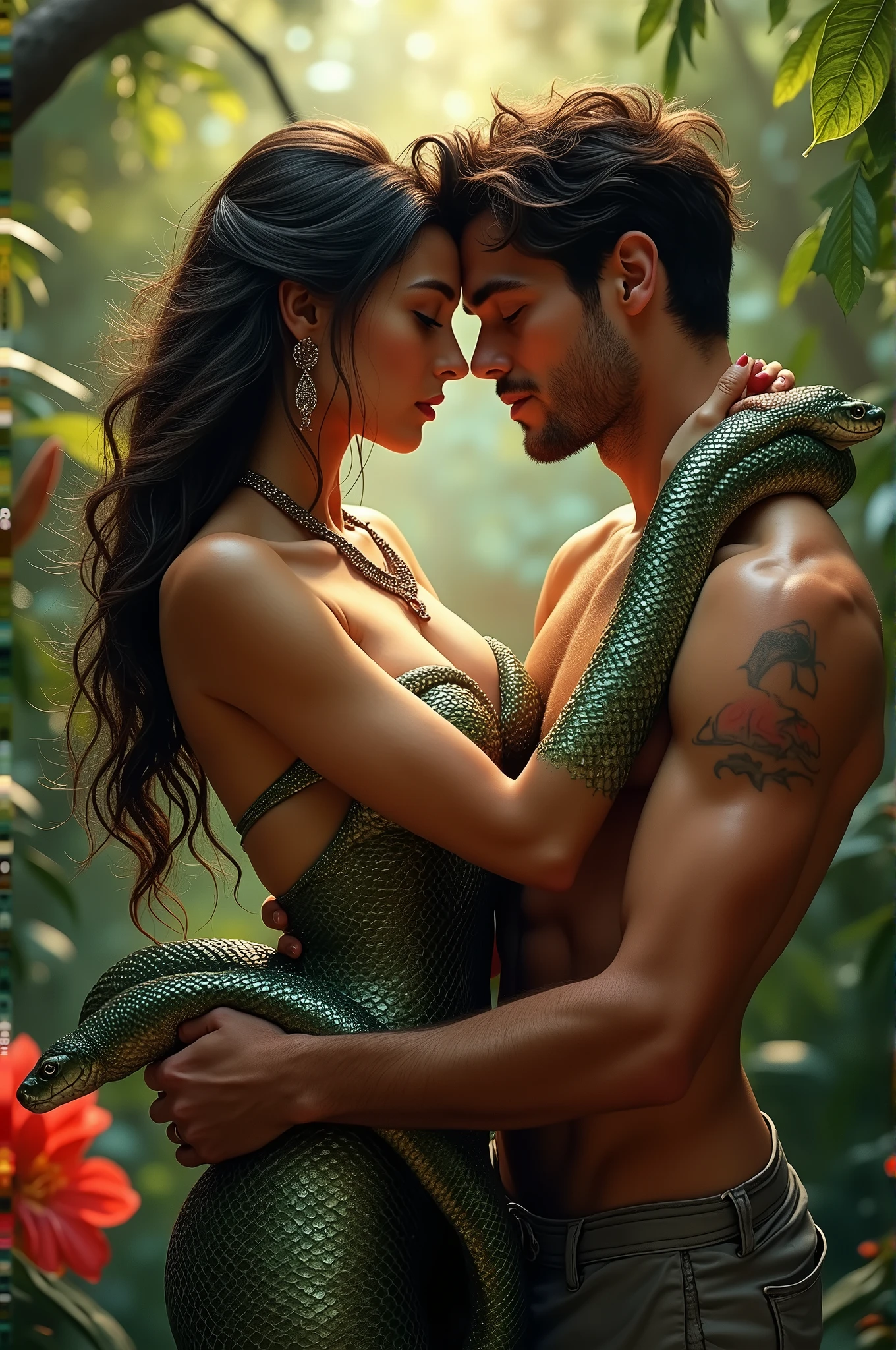 Sexy 30 years old busty snake woman hugging 30 years young man , sexual 69 style ,full body