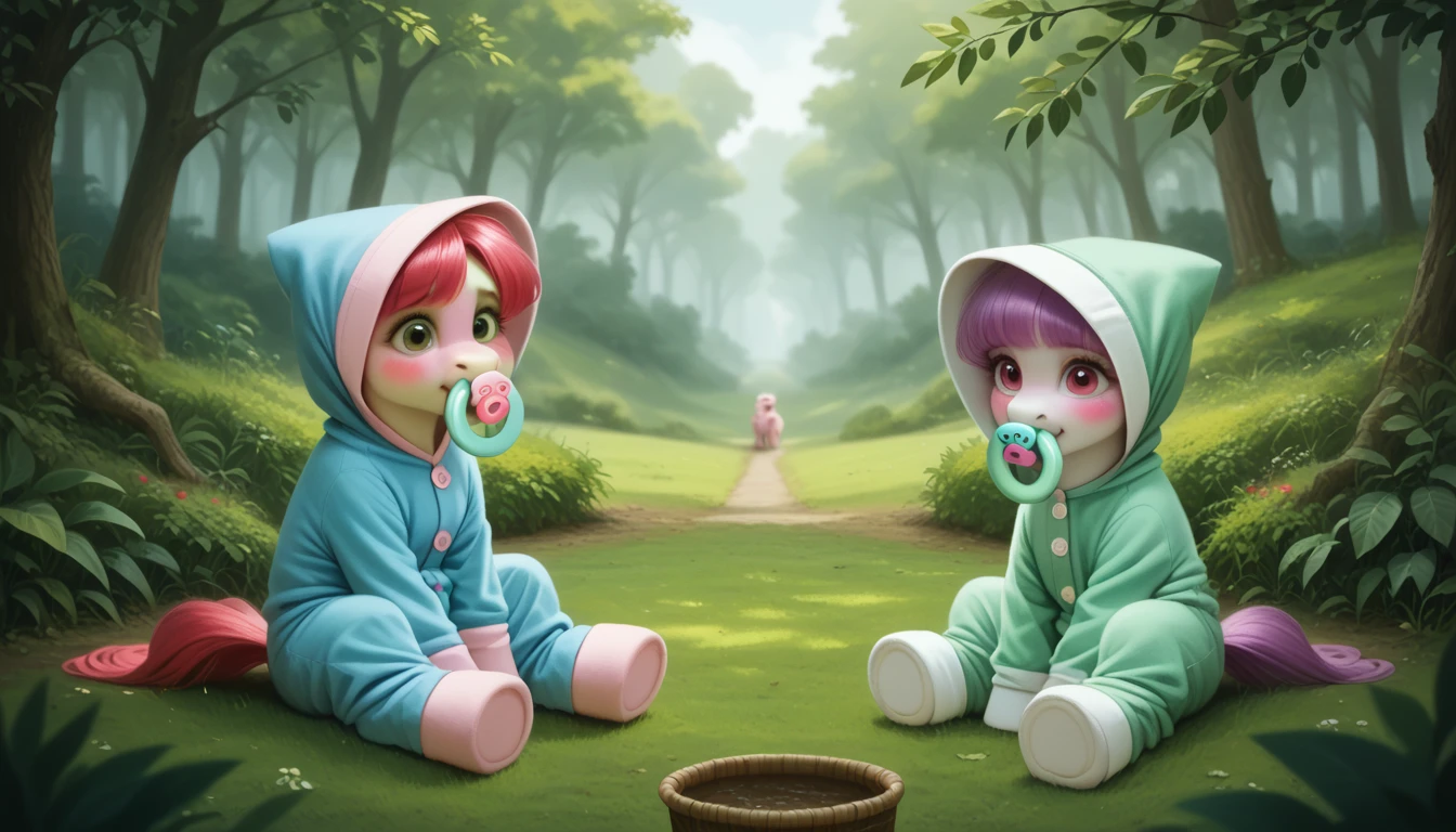 pony, Pegasus, adult mare, emerald green fur, a lush mane, gathered into an adult size bonnet, bushy tail, sitting outside, wearing an adult-sized onesie and booties, pacifier in mouth, solo, thick diaper under clothes, pink blush on cheeks, Embarrassment, Awkwardness.
