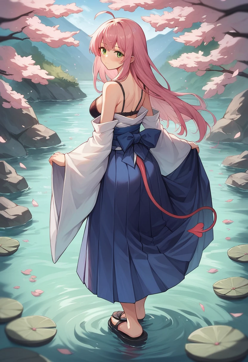 1girl, solo, long hair, breasts, looking at viewer, blush, bangs, skirt, bare shoulders, medium breasts, closed mouth, underwear, green eyes, standing, tail, full body, pink hair, ahoge, outdoors, detached sleeves, japanese clothes, looking back, wide sleeves, kimono, water, from behind, black footwear, bra, blue skirt, sash, obi, cherry blossoms, black bra, hakama, demon tail, hakama skirt, wading, long skirt, white kimono, hip vent, blue hakama