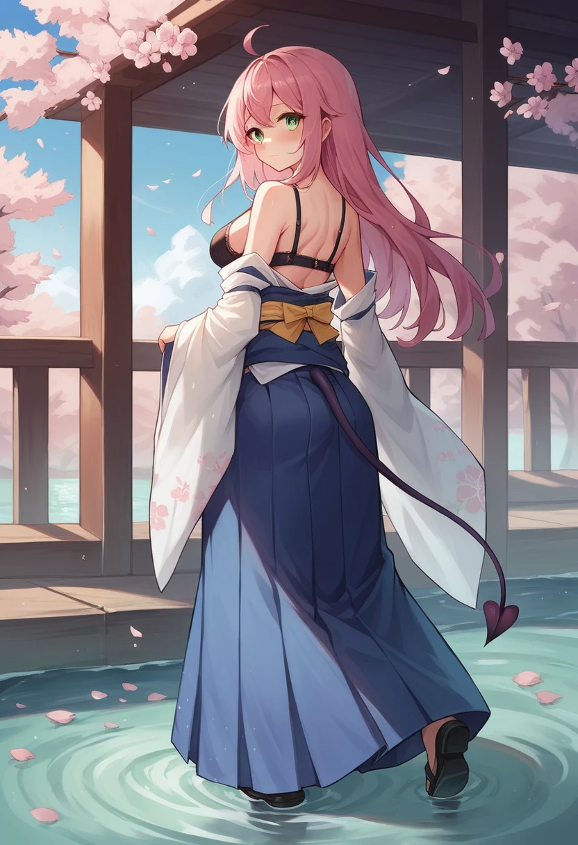 1girl, solo, long hair, breasts, looking at viewer, blush, bangs, skirt, bare shoulders, medium breasts, closed mouth, underwear, green eyes, standing, tail, full body, pink hair, ahoge, outdoors, detached sleeves, japanese clothes, looking back, wide sleeves, kimono, water, from behind, black footwear, bra, blue skirt, sash, obi, cherry blossoms, black bra, hakama, demon tail, hakama skirt, wading, long skirt, white kimono, hip vent, blue hakama