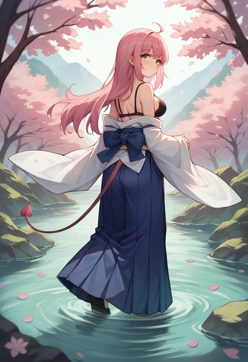 1girl, solo, long hair, breasts, looking at viewer, blush, bangs, skirt, bare shoulders, medium breasts, closed mouth, underwear, green eyes, standing, tail, full body, pink hair, ahoge, outdoors, detached sleeves, japanese clothes, looking back, wide sleeves, kimono, water, from behind, black footwear, bra, blue skirt, sash, obi, cherry blossoms, black bra, hakama, demon tail, hakama skirt, wading, long skirt, white kimono, hip vent, blue hakama