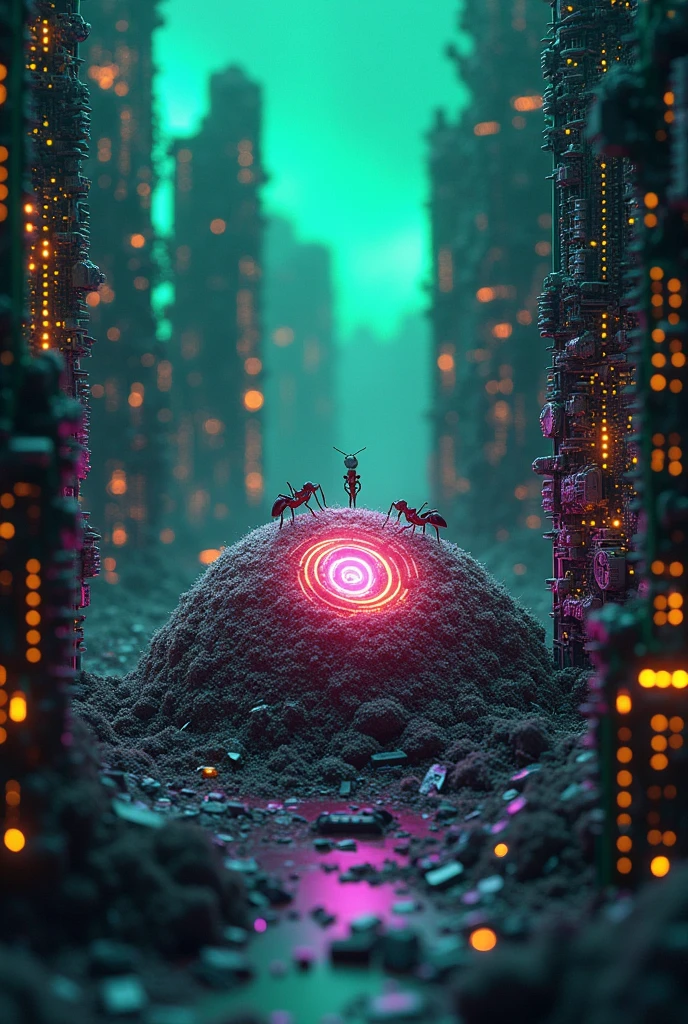 Anthill inside the server, Computer boards stick out from all sides in the form of a defensive structure, A strange light like the Northern Lights emanates from an anthill