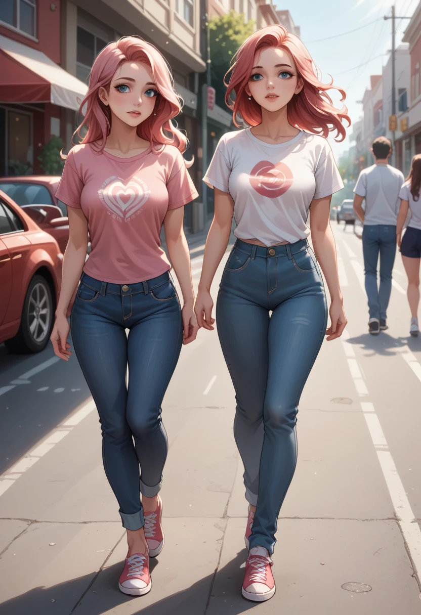 A vision flow of a beautiful woman walking down a street, her pink t-shirt and faded blue jeans illuminated by the sun, a red car passing in the background, and a world of shimmering light.  