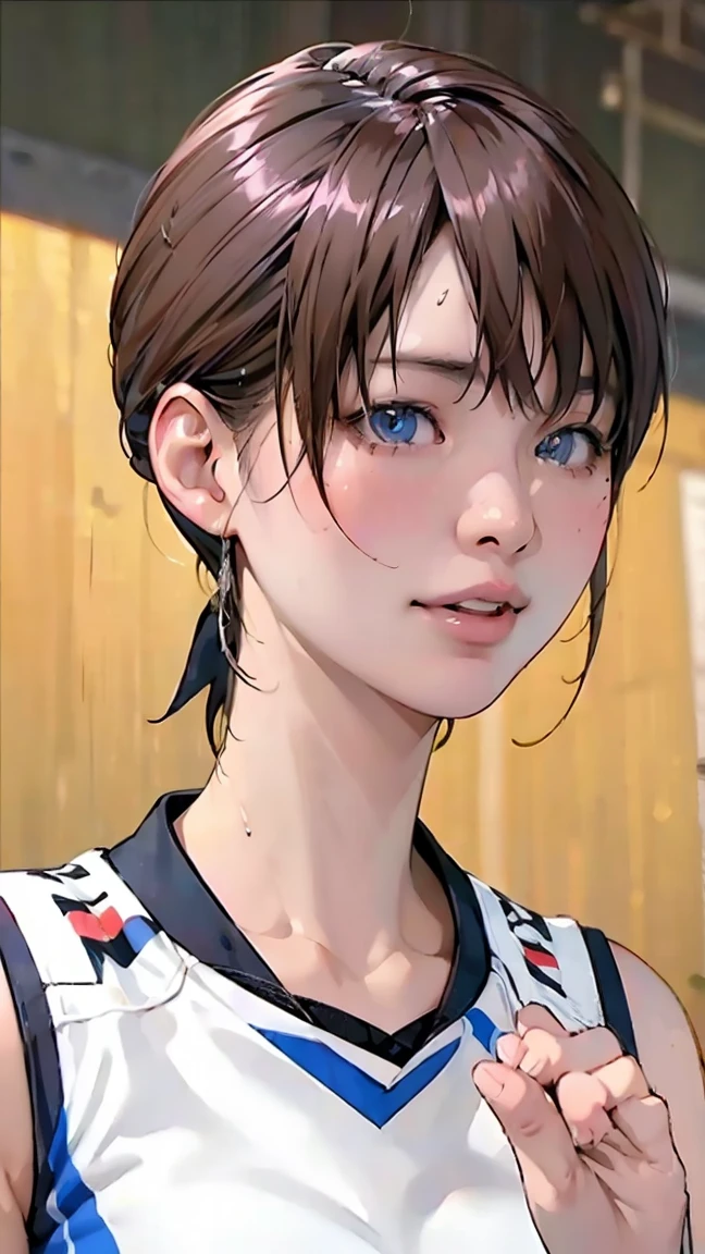 perfection、masterpiece、(Highest quality、High resolution:1.2)、 1 person、Beautifully detailed eyes、Beautiful pink lips、Highly detailed eyes and face、Bright colors、Close-up of face、Close-up、HDR、Studio Lighting、Ultra-high definition painting、Sharp focus、Physically Based Rendering、Extremely detailed depiction、moderate bust、perfectionな形、Facing the viewer、Sweat、smile、Volleyball Player、((Yellow sleeveless volleyball uniform))、Tie your hair back
