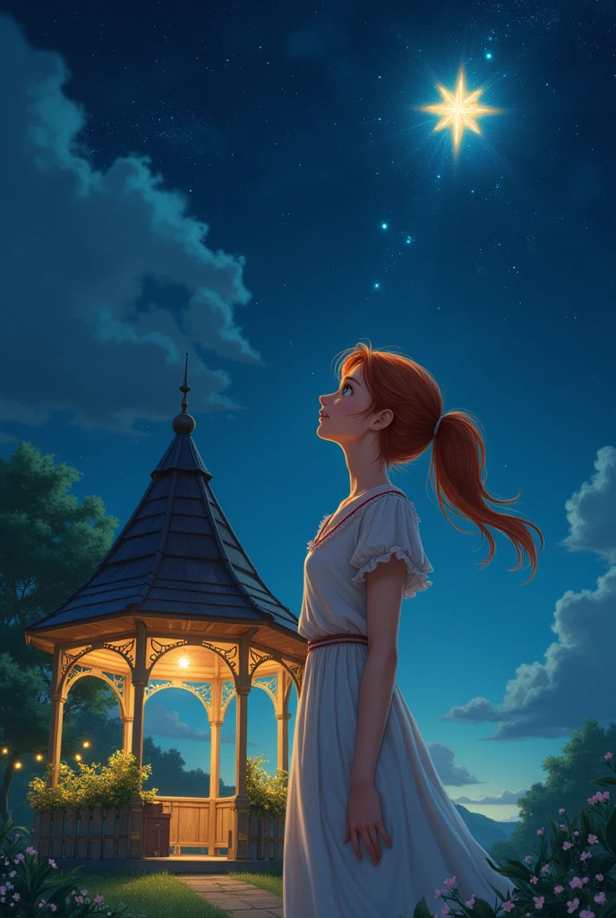 close up of a young woman wishing upon a star on a starry night with a gazebo in the background, ghibli style digital art.