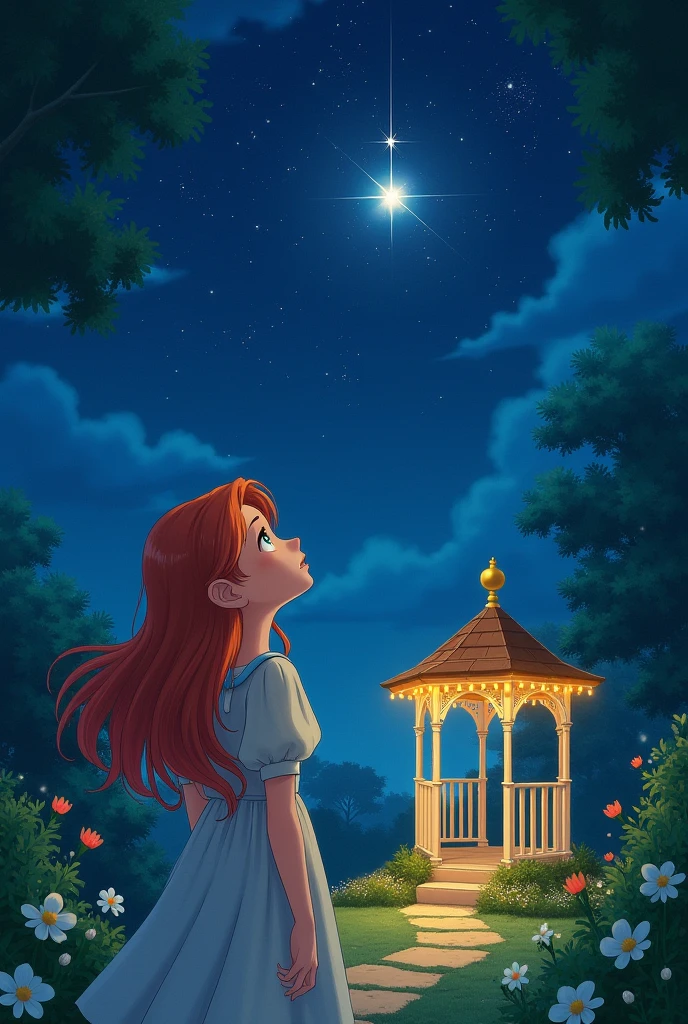 close up of a young woman wishing upon a star on a starry night with a gazebo in the background, ghibli style digital art.