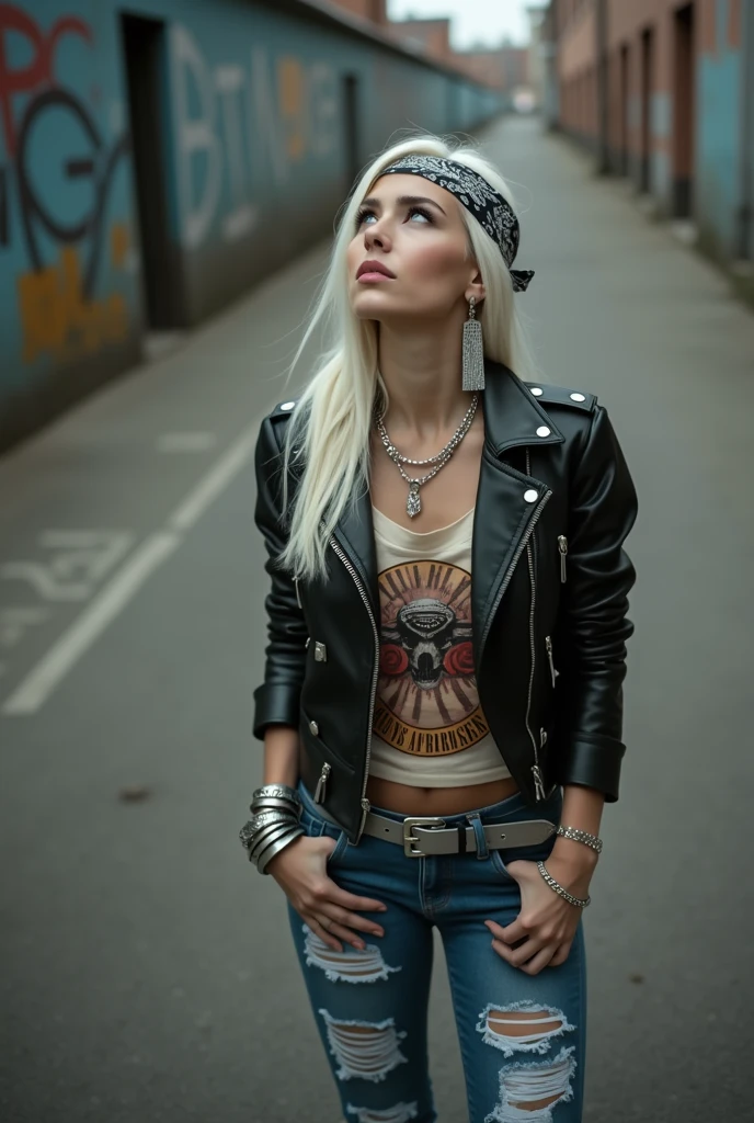 russian milf woman, biker gang member, platinum blonde hair (straight, middle part) with bandana headband, with very light blue eyes, extremely pale. Thin legs and thin arms. Wearing cropped black moto jacket with lots of zippers and badges, raggy cropped t-shirt with guns and roses logo, skinny blue jeans with holes and silver chelsea boots with cuban heels. Lots of metallic bracelets and collars. Tacky leather belt with oversized, excessive silver buckle. Hands in pockets. Long earrings. Looks up, overwhelmed: she tinks God is speaking to her