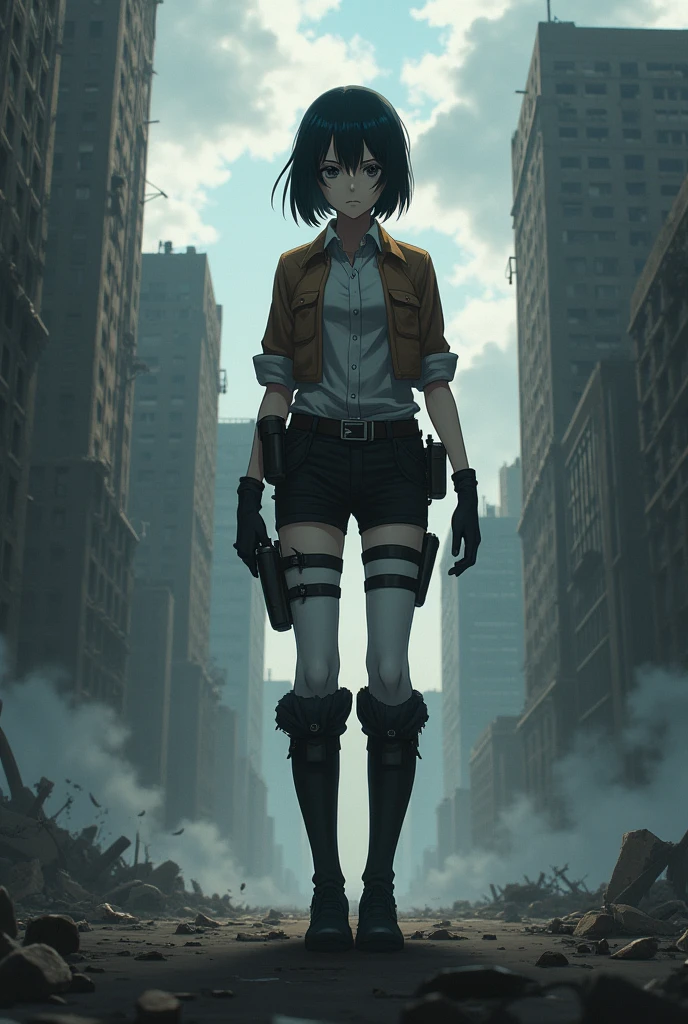 women, short black hair, emotionless face, black eyes, Body recognition, Attack on Titan in anime style