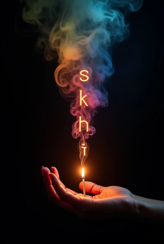 Dark and mysterious tone background with a central light that is created from a lit match with a beautiful flame. One hand is holding the match; details of the hand are visible. The smoke that emanates from the match is dense and colorful, transforming into letters that float in the air. The letters " SAKTHI " are made up of smoke in vibrant colors such as orange, yellow, blue and pink. The background of the image is dark, making the colors of the smoke even moreprominent.