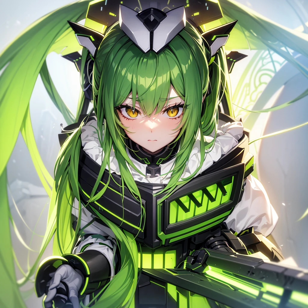 傑Pastel green long twin tails, Yellow Eyes, Long Bangs, Making anime，Highest quality, Highly detailed face，Straight hair, {{{Large mechanical wings spread on both sides.}}}, （pastel colour：1.2，Dark studio，Edge Light，Two-tone lighting，that&#39;dim，base，),Combat cyborg, {{{{{bangs that cover one eye}}}}}, {{{{{Woman illustration}}}}}, 8K quality, Highest quality, masterpiece, Kind woman, Dark atmosphere, Pastel green long twin tails, Yellow Eyes, Long Bangs, A scene from a science fiction movie,Cyborg Woman, A full-body green armor, {{{{{Wearing a pastel green mech suit}}}}}, Sadistic smile, Against a backdrop of an elaborate mechanical city、Details of a ruined future city, Smiling Kindly, 7 Head to Body, Shut your mouth.,Proud face, Detailed Background,Maximum details,Full body illustration, Has a beam weapon, Phantasy Star Online,Narrow eyes,30 years old, In combat,White Long Boots, avert your eyes, White cape from the waist,{{{Asymmetrical hairstyle}}},