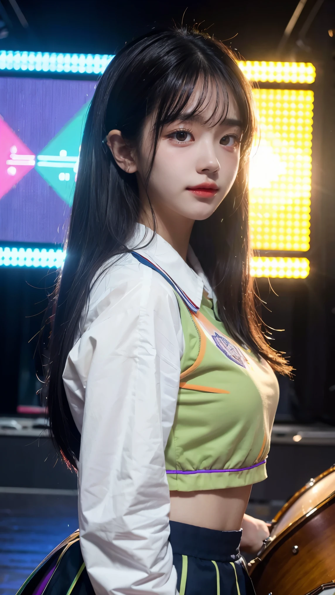 1girl,colorful school outfit,concert stage,drummer,ray tracing,high detailed,volumetric lighting,vibrant colors,dramatic lighting,cinematic composition,highly detailed facial features,extremely detailed skin,beautiful intricate hair,beautiful detailed eyes,beautiful detailed lips,extremely detailed eyes and face,long eyelashes,realistic, photorealistic, 8k, masterpiece, professional, stunning, vivid, cinematic