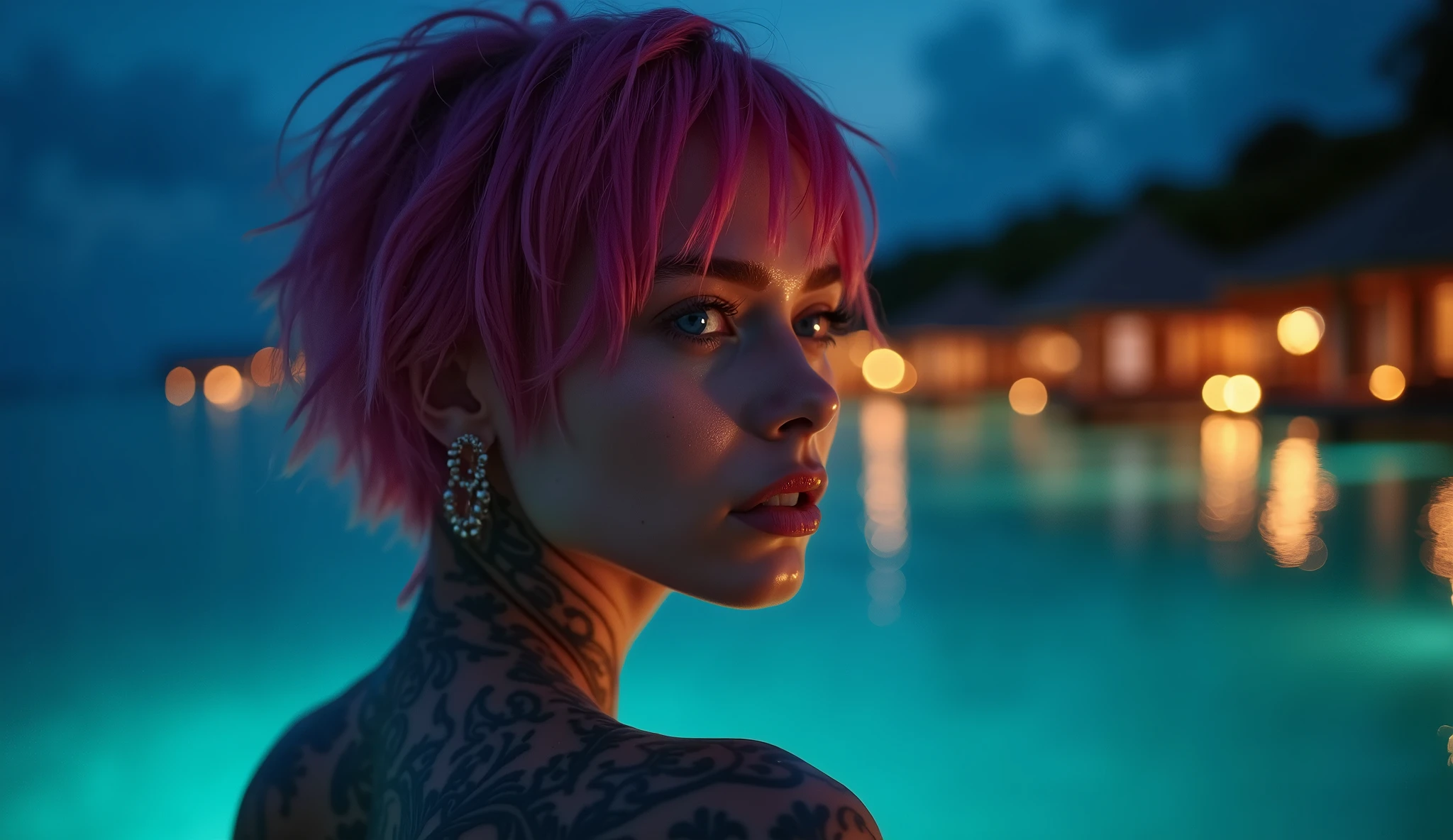tatuados,Very beautiful big breasts、(Tears),(Back tattoo、Many tattoos on both arms and neck)、 (French Polynesia at night, The blue lagoon and resort),Candlelight only,Very detailed, 21 years old, A beautiful woman,Depressed face, Pink Hair,short hair, blue eyes, High resolution, masterpiece, Highest quality, Intricate details, Very detailed, Clear focus, Delicate skin, practical skin texture, texture, Delicate eyes, Professional, 8k, Sad face,despair、 Shot with Canon, 85mm, Shallow and deep, Kodak Vision Color, Exactly, Very detailed, photograph_\(Extremist\), photographpractical, practical, Post-processing, Maximum details, Roughness, Real Life, Extremist practical, Photorealism, photographgraphy, 8k ウルトラ HD, photographgraphy