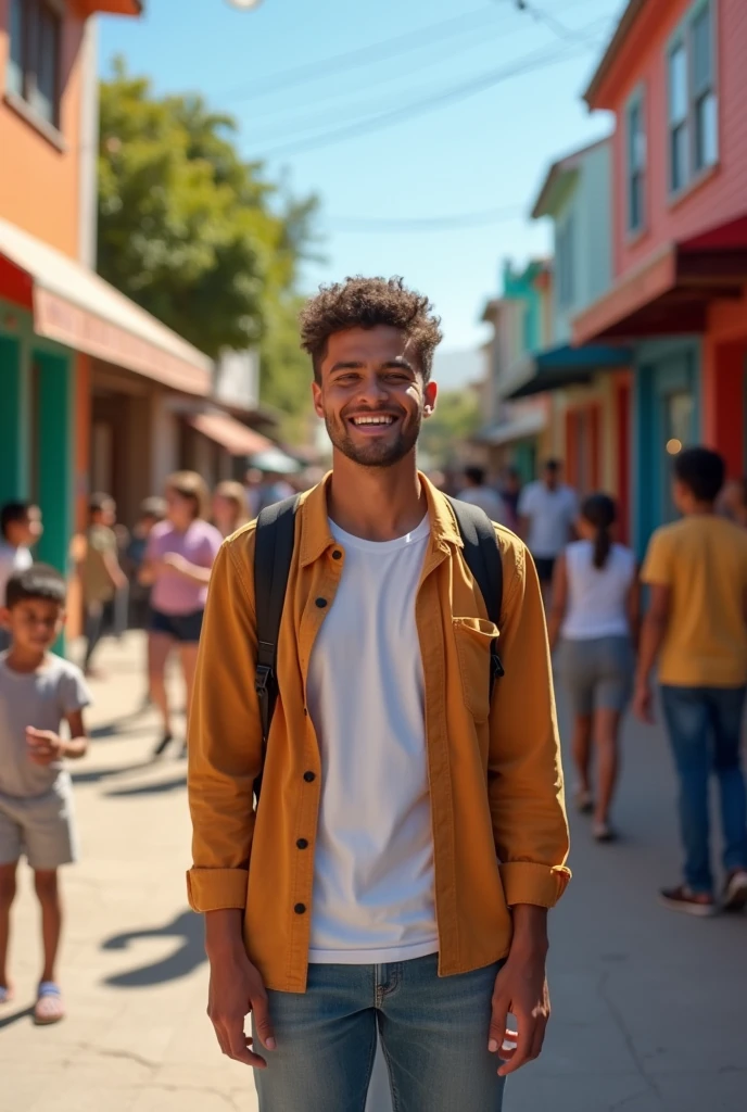 Create an image illustrating a young man smiling on the street where he lives in the background. The person is smiling and happy. The image in the background shows people talking. 
