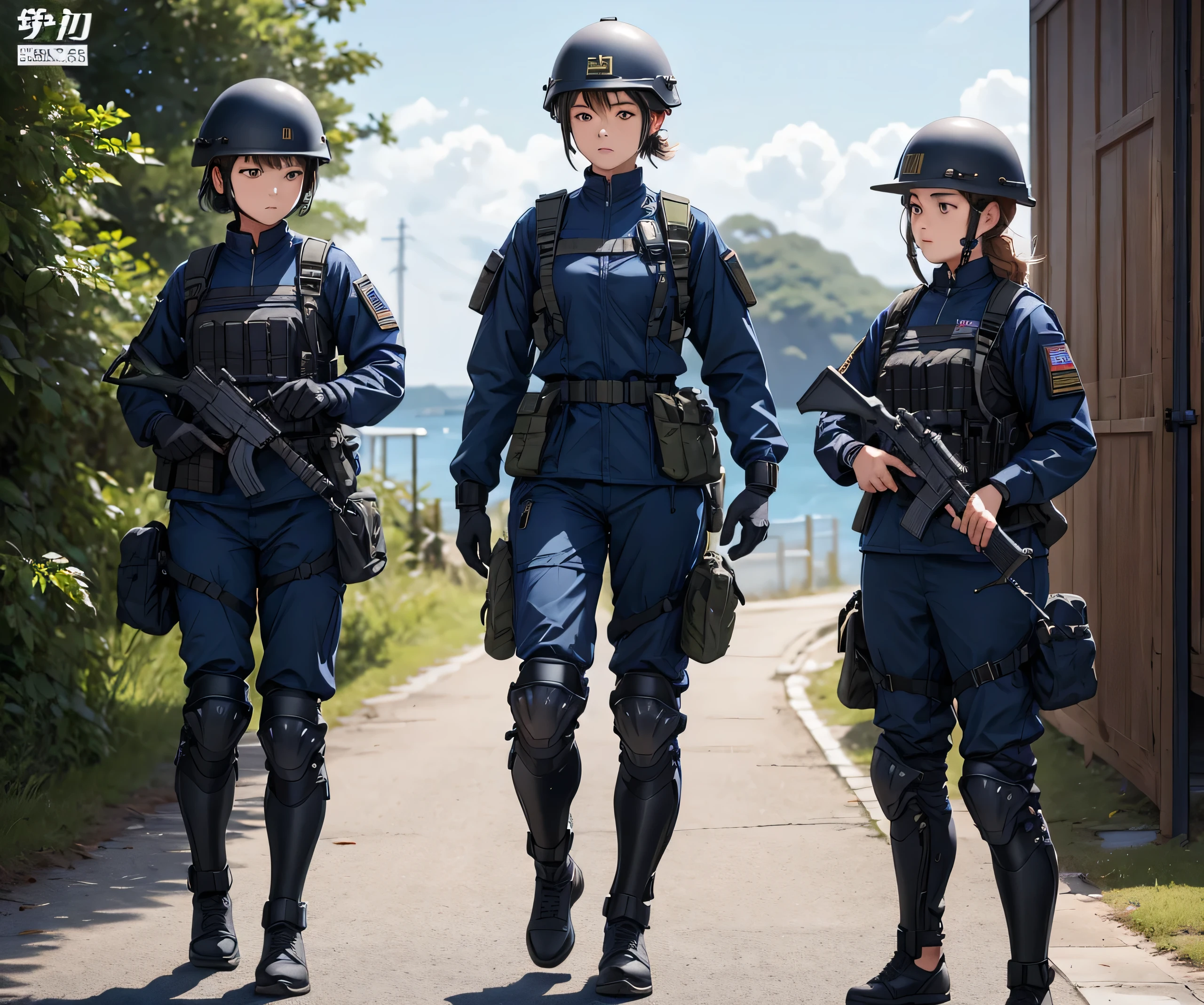 A group of female soldiers wearing helmets，Wearing navy blue uniform、Military Pants、Magazine Pouch、Tactical Shoulder Strap、Knee pads、Standing side by side、Write details、masterpiece、best quality、Highly detailed CG、8K picture quality
