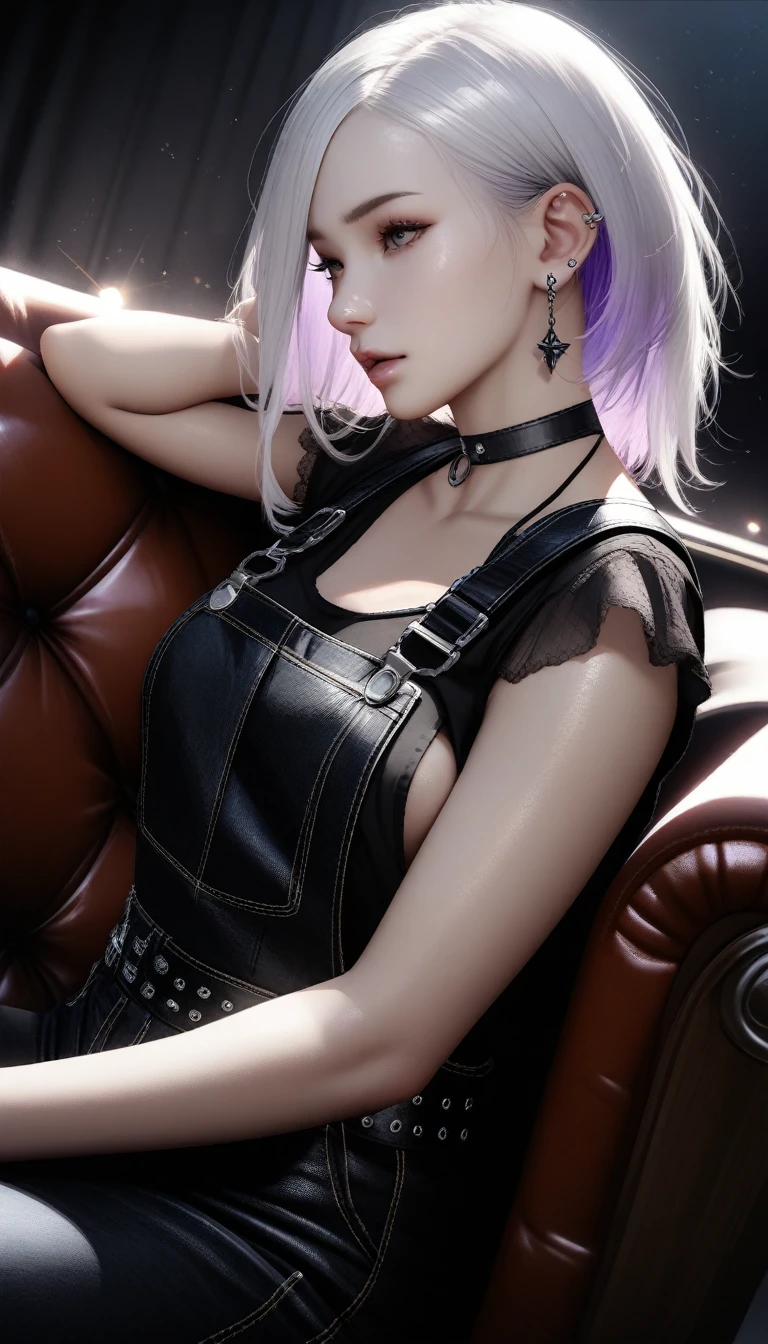 , ((She has silver earrings in her ears... Black choker、Sexy punk fashion with a black base、Too much exposure))、(white hair color、Light purple inner color hairstyle、Hair expressed with a delicate touch), Beautiful Hair, Facial Contour, Remember, Luxury Lounge、Sitting on the couch, splash, Lens flare、moonlight、illumination、Natural Color, High resolution, Very delicate, Very detailed, 8k,(Her breast size is about a B cup)、Shyness,((Sexual)),((Sexy feeling)),lower angle、Overall angle of view, rtrophto1, (Perfect hands, Perfect Anatomy),Realistic skin texture