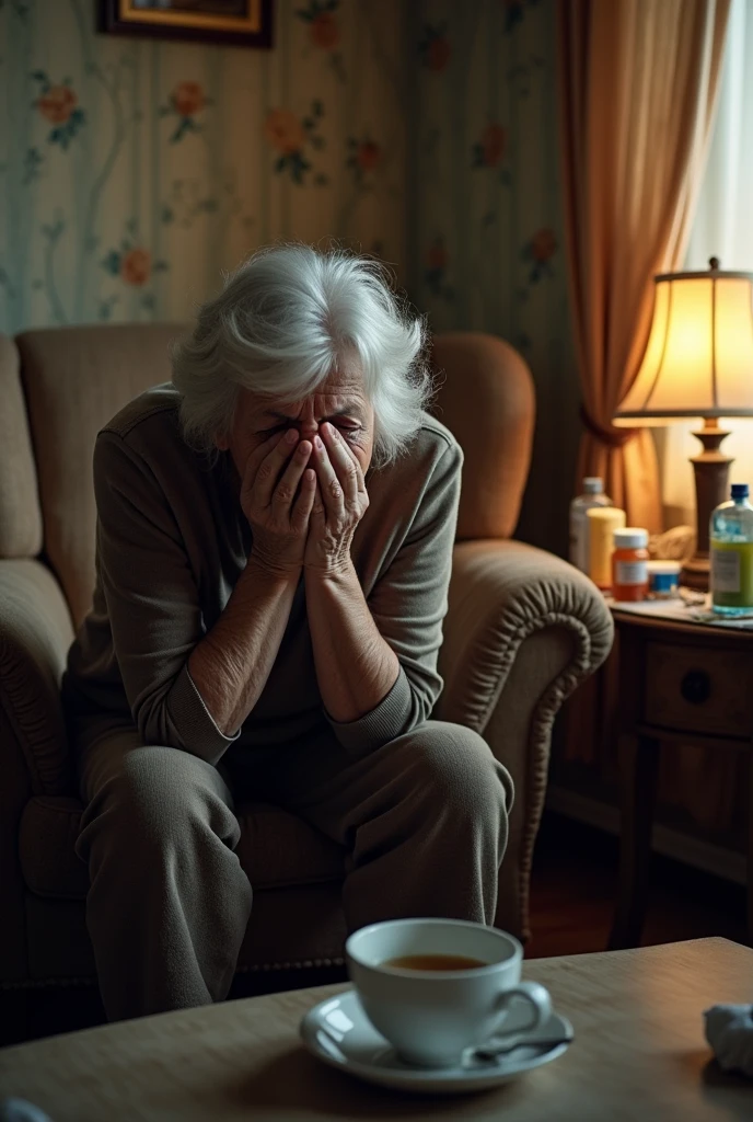An elderly woman is feeling nauseous and vomiting 