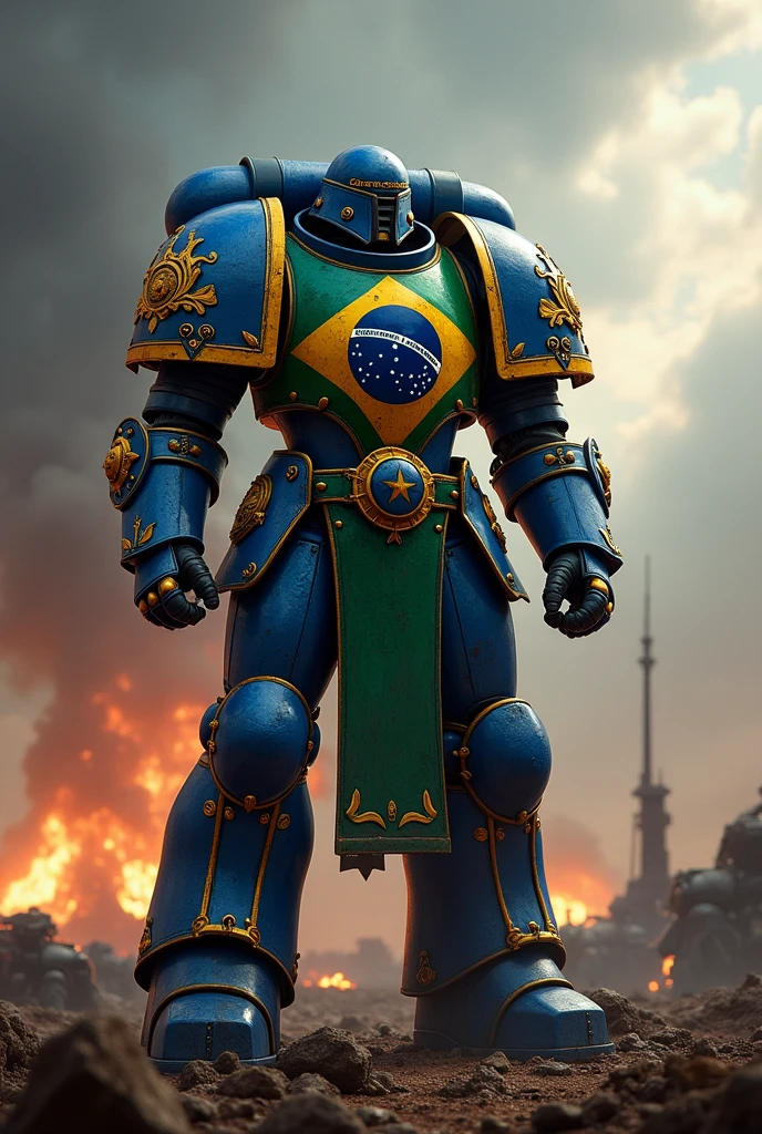 an ultra marine from the warhammer 40k universe with very epic armor and subtly painted in the colors of the brazilian flag in the middle of a war with the coat of arms written vertice