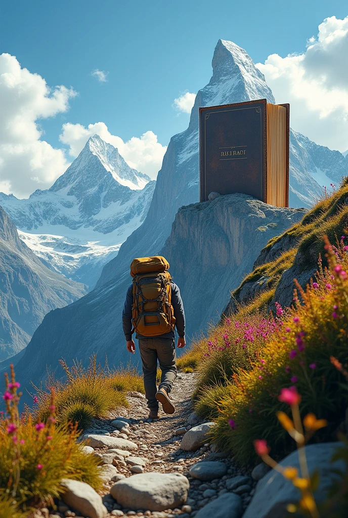 A person on a path towards a bible that is on a mountain