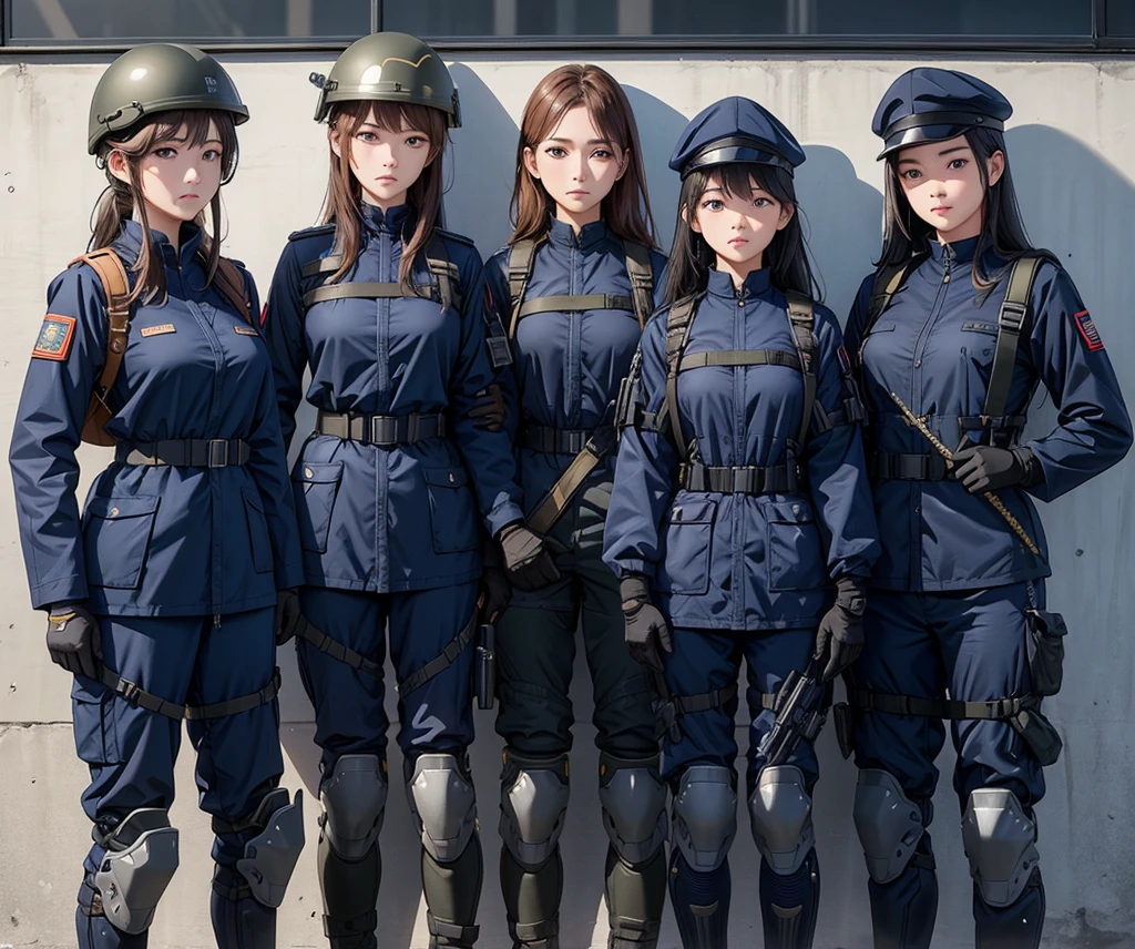 Four female soldiers wearing helmets,Wearing navy blue uniform、Military Pants、Magazine Pouch、Tactical Shoulder Strap、Knee pads、Standing side by side、Write details、masterpiece、best quality、Highly detailed CG、8K picture quality
