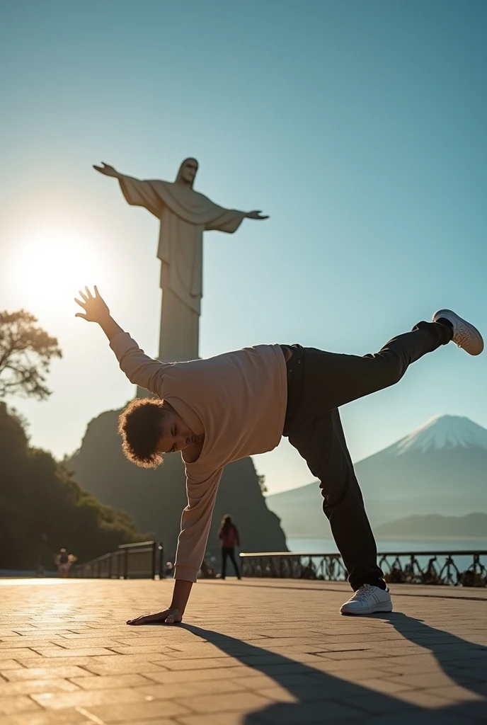 "A breakdancer in a dynamic pose, captured at sunset in an iconic setting that combines the Christ the Redeemer statue and Mount Fuji in the background. The dancer displays powerful and fluid movements, wearing casual and modern clothing that contrasts with the grandeur of the monuments. The soft sunlight illuminates the scene, creating dramatic shadows and a cinematic atmosphere, while the clear blue sky adds depth and serenity to the moment."