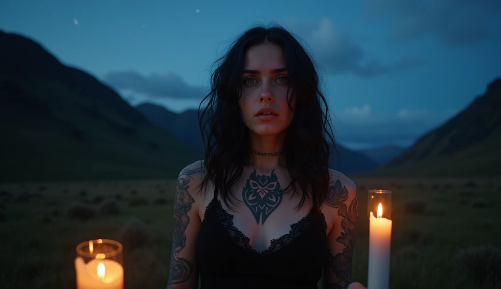 tatuados,Very beautiful big breasts、(Tears),(Back tattoo、Many tattoos on both arms and neck)、 (Midnight Canada,Emerald Lake),Candlelight only,Very detailed, 21 years old, A beautiful woman,Depressed face, Black Hair,Wavy Hair, blue eyes, High resolution, masterpiece, Highest quality, Intricate details, Very detailed, Clear focus, Delicate skin, practical skin texture, texture, Delicate eyes, Professional, 8k, Sad face,despair、 Shot with Canon, 85mm, Shallow and deep, Kodak Vision Color, Exactly, Very detailed, photograph_\(Extremist\), photographpractical, practical, Post-processing, Maximum details, Roughness, Real Life, Extremist practical, Photorealism, photographgraphy, 8k ウルトラ HD, photographgraphy