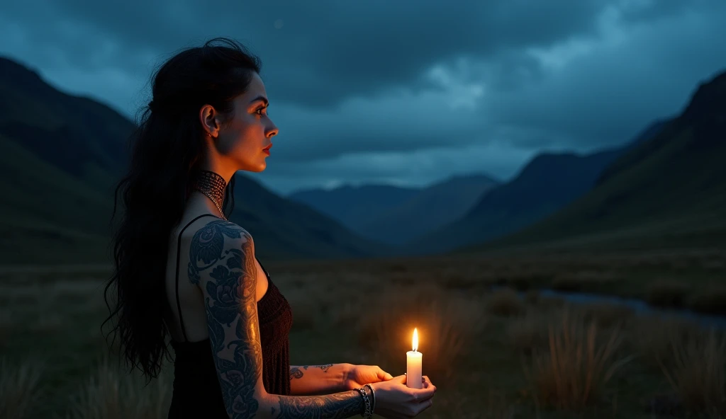 tatuados,Very beautiful big breasts、(Tears),(Back tattoo、Many tattoos on both arms and neck)、 (Scottish Highlands at night,Vast grasslands and steep mountains々),Candlelight only,Very detailed, 21 years old, A beautiful woman,Depressed face, Black Hair,Medium Wavy Hair, blue eyes, High resolution, masterpiece, Highest quality, Intricate details, Very detailed, Clear focus, Delicate skin, practical skin texture, texture, Delicate eyes, Professional, 8k, Sad face,despair、 Shot with Canon, 85mm, Shallow and deep, Kodak Vision Color, Exactly, Very detailed, photograph_\(Extremist\), photographpractical, practical, Post-processing, Maximum details, Roughness, Real Life, Extremist practical, Photorealism, photographgraphy, 8k ウルトラ HD, photographgraphy