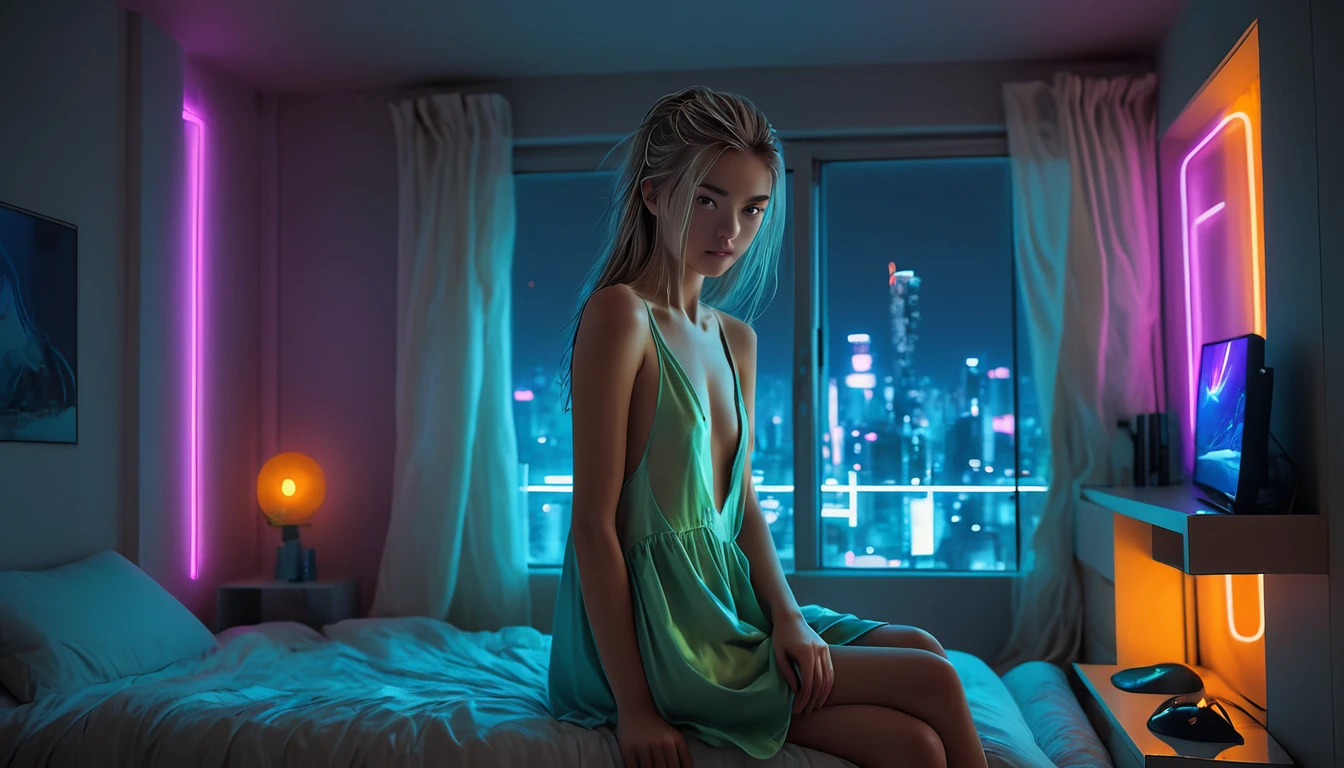 Highest quality, masterpiece, High resolution, 8k, (((She wore an oversized silk doll with a plunging neckline.、Cute and skinny、Barely Legal, wide neckline, Deep neckline, small and taut breasts, Beautiful attention to detail, Beautiful lip detail, Small closed mouth, Highly detailed face, Pale skin, Random long hairstyles, Small hips, Cyberpunk Apartment, Next to the bed))), Gloomy atmosphere, dramatic and Random Neon Colorss, Futuristic Setting, Intricate details, At night, Backlight, Random Neon Colors, Full Body Shot, A view from afar, Random Pause