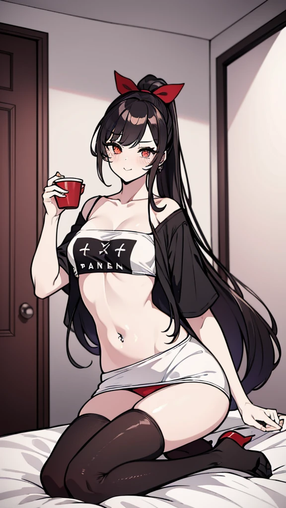 using pantimedies, wavy black hair, piercing look with deep red eyes, average stature, Silky hair with a ponytail hairstyle collected with a red bow with two white lines, has a vagina, has breasts, cup of breasts, small breasts, slim, foreground, Session, sitting in her room, standing in his room, wearing pantyhose, using pantimedies, Picardias, neckline, looking at the viewer, lascivious smile, ((oversized t-shirt)), off the shoulders, without pants, washing machines, thighs, ((White T-shirt)), standing, hands on the hips,, shoes, blush, from below, thighs gorditos, thighs grandes, big ass