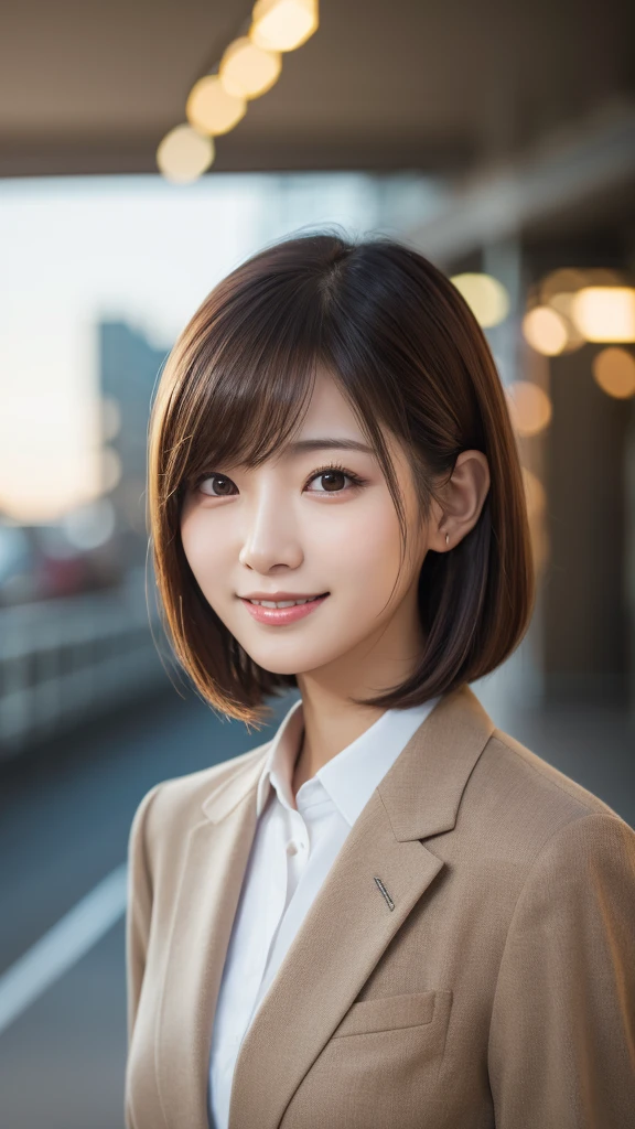 Tabletop, Highest quality, Realistic, Very detailed, finely, High resolution, 8k wallpaper, Cinema Lighting、1 person、Beautiful Japanese Women、30 years old、light brown straight bob hair, Wear a business suit, (Blurred Background、Station platform、noon、Light of the sun)、Sharp focus, Perfect dynamic composition, Narrow eyes:1.5, finelyて美しい目, Thin Hair, Detailed and Realistic skin texture, (Smile:1.3), (Tilt your head), Close-up portrait, Model body type