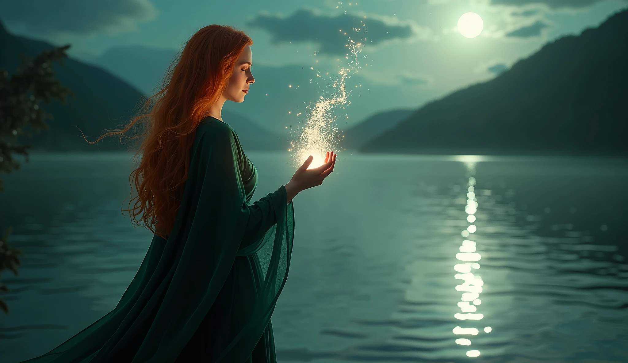 A captivating witch with fiery red hair cascading over her shoulders, standing on the edge of a tranquil, moonlit lake. She is dressed in an elegant, dark green robe that accentuates her curves, and her hands are raised as she conjures a shimmering aura of magical energy. The water around her ripples gently as the air fills with a calming, ambient melody, guiding those who listen into a deep, peaceful sleep. Aim for realistic depiction, make sure photos are at highest resolution (8K)