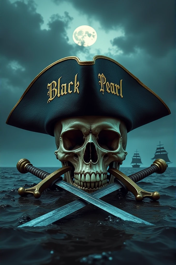 Skull with crossbones, a hat with the word black pearl written on it, and a sword in its mouth