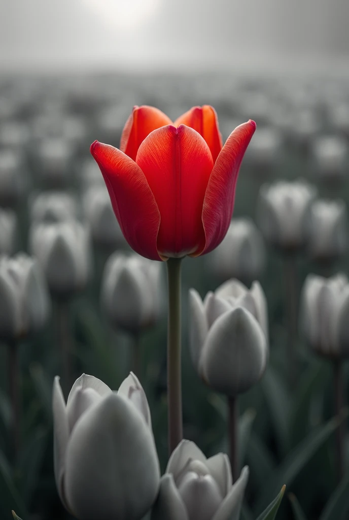 One red tulip in the 100 grey tulip