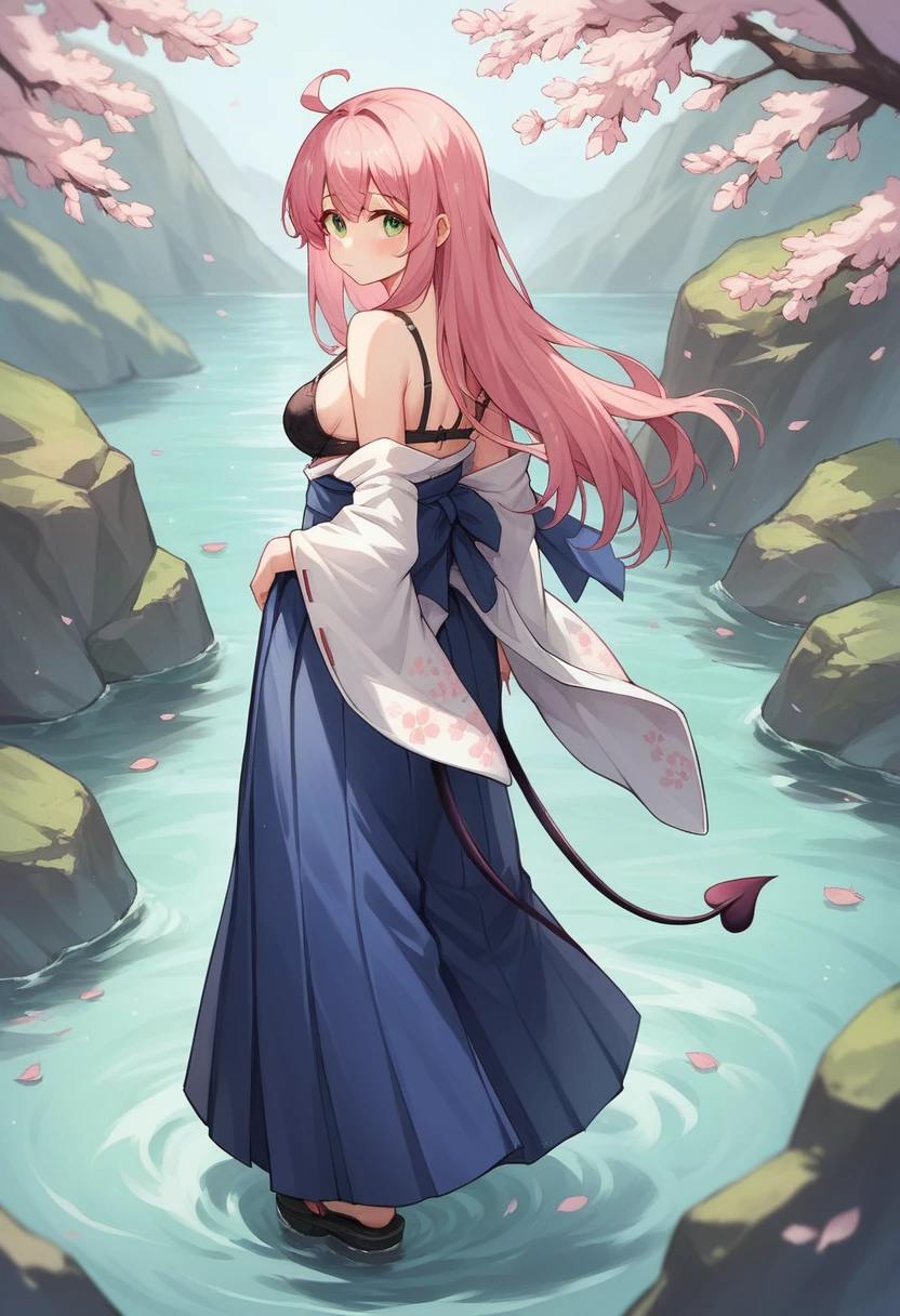 1girl, solo, long hair, breasts, looking at viewer, blush, bangs, skirt, bare shoulders, medium breasts, closed mouth, underwear, green eyes, standing, tail, full body, pink hair, ahoge, outdoors, detached sleeves, japanese clothes, looking back, wide sleeves, kimono, water, from behind, black footwear, bra, blue skirt, sash, obi, cherry blossoms, black bra, hakama, demon tail, hakama skirt, wading, long skirt, white kimono, hip vent, blue hakama