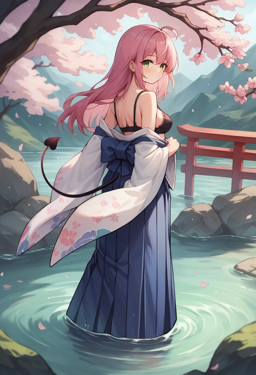 1girl, solo, long hair, breasts, looking at viewer, blush, bangs, skirt, bare shoulders, medium breasts, closed mouth, underwear, green eyes, standing, tail, full body, pink hair, ahoge, outdoors, detached sleeves, japanese clothes, looking back, wide sleeves, kimono, water, from behind, black footwear, bra, blue skirt, sash, obi, cherry blossoms, black bra, hakama, demon tail, hakama skirt, wading, long skirt, white kimono, hip vent, blue hakama