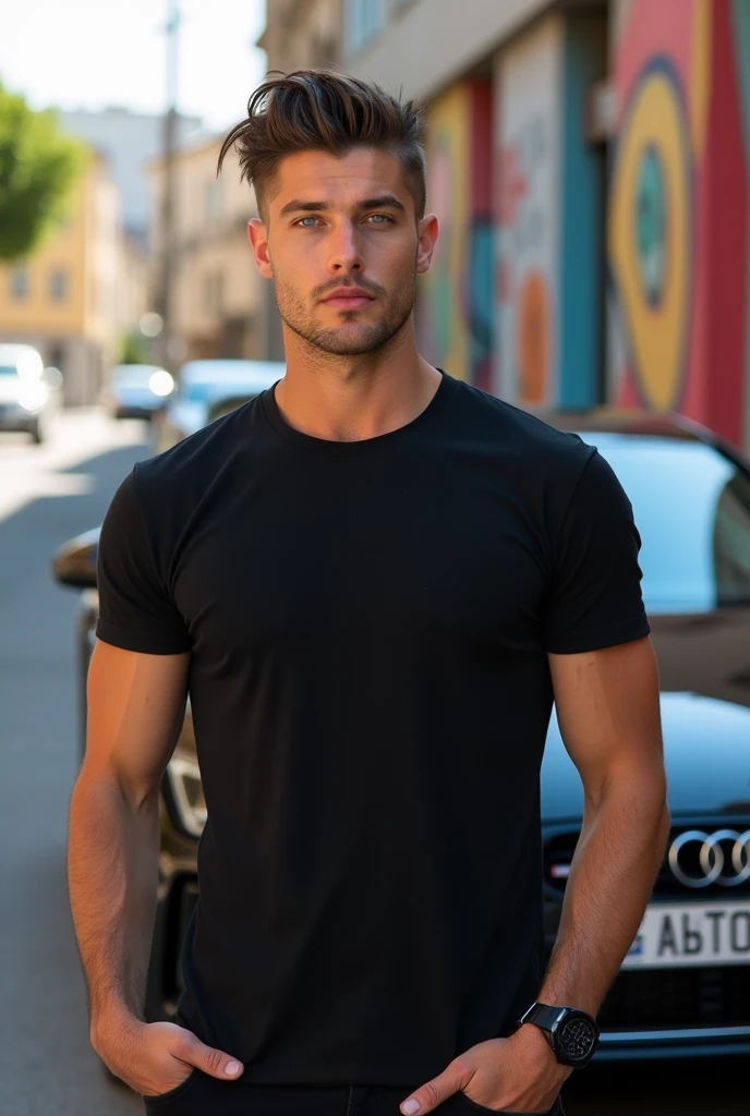 Handsome guy with mullet haricut, blue eyes, T shirt, Audi R8 v10